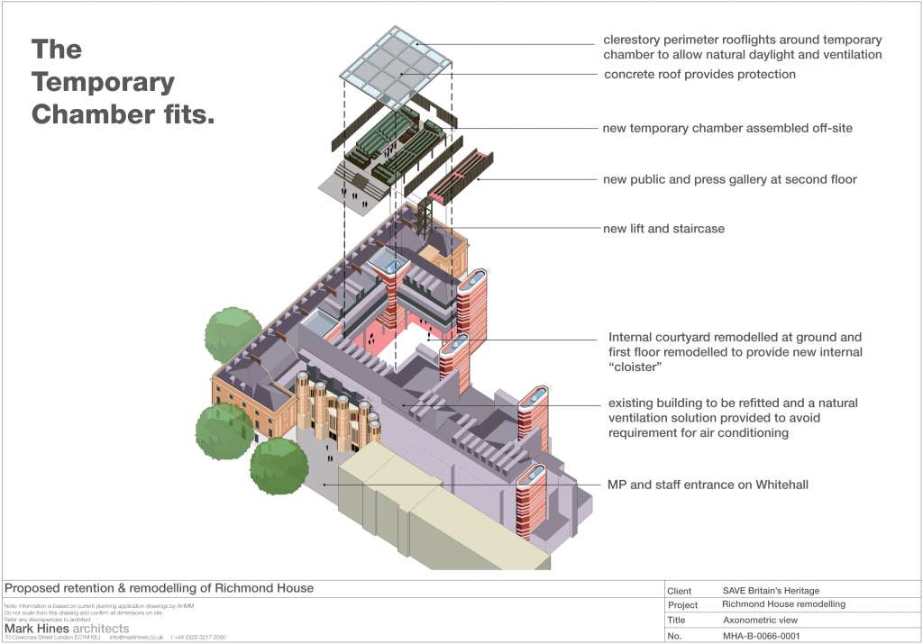 Cutaway by Mark Hines architects of SAVE's proposed Chamber in Richmond House courtyard