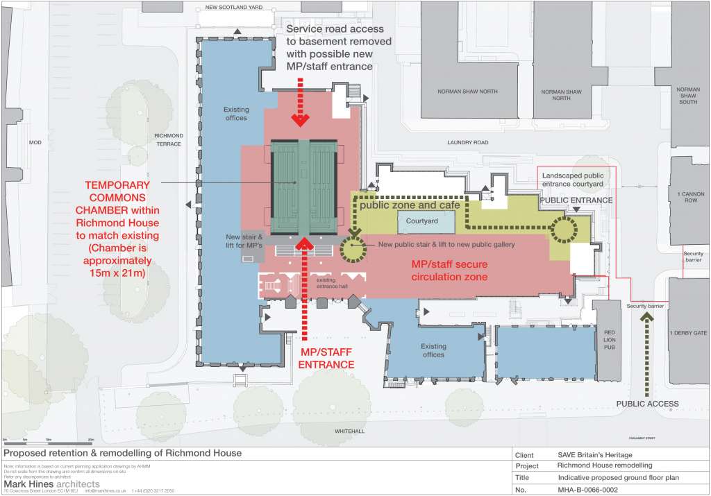 Ground Floor Plans by Mark Hines architects showing for a temporary Chamber within Richmond House